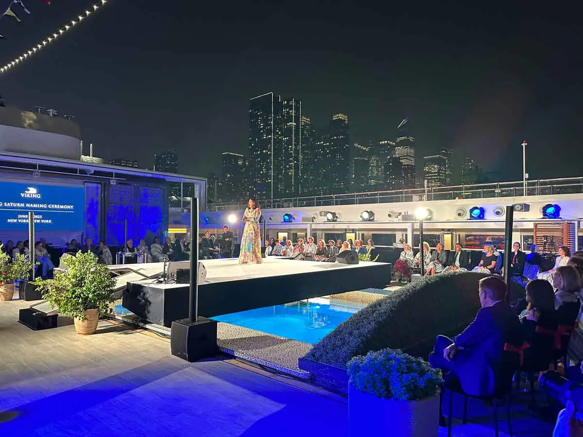 Stage over the pool on the ship's deck with the New York skyline at a Viking christening