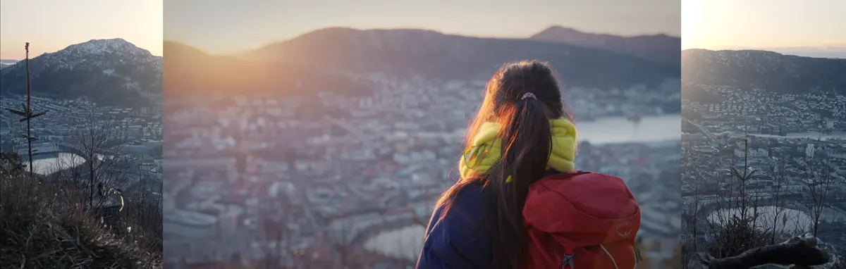 Maria Ekerhovd looking out over Bergen at sunset
