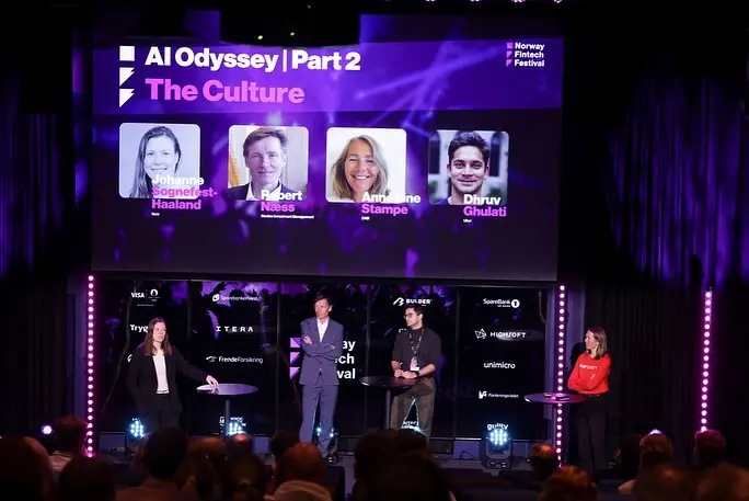 Panel on stage before a screen reading «AI Odyssey Part 2: The Culture» at Norway Fintech Festival