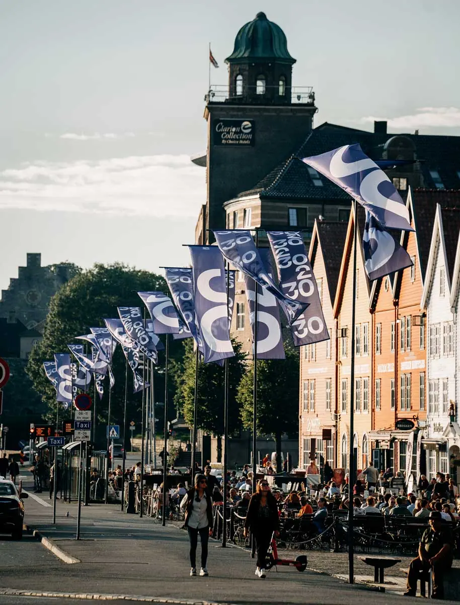 TV 2 30th anniversary flags along Bryggen in Bergen