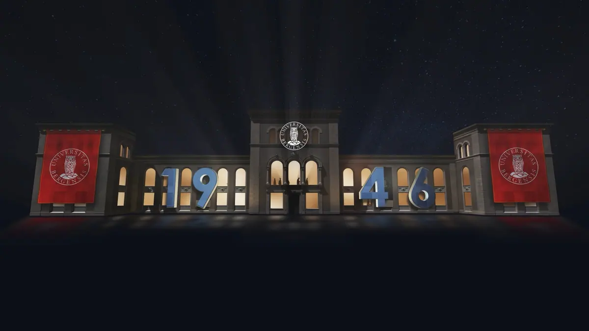 3D render of the University Museum with the year 1946 projected on the facade