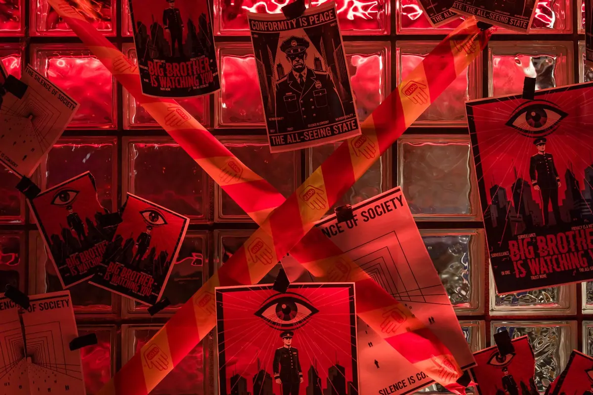 Wall of «Big Brother is watching» posters and barrier tape at Kvarteret