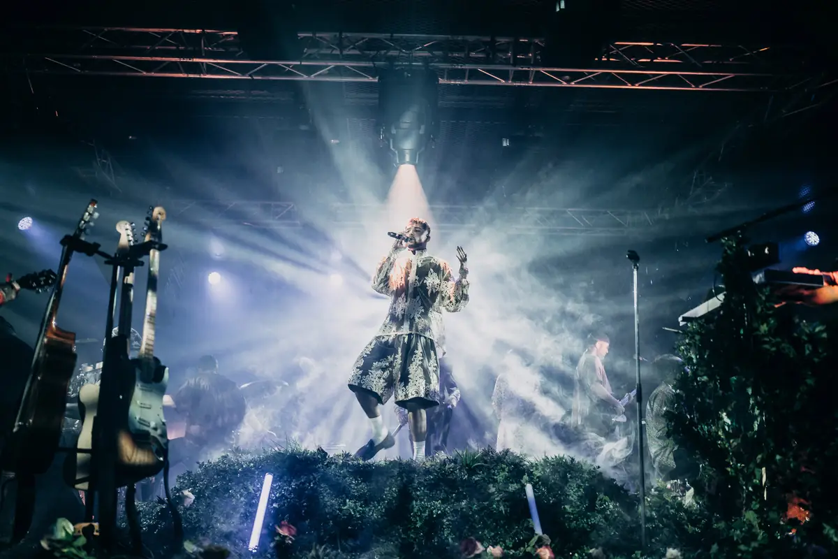 Artist singing in strong backlight on a stage decorated with green foliage