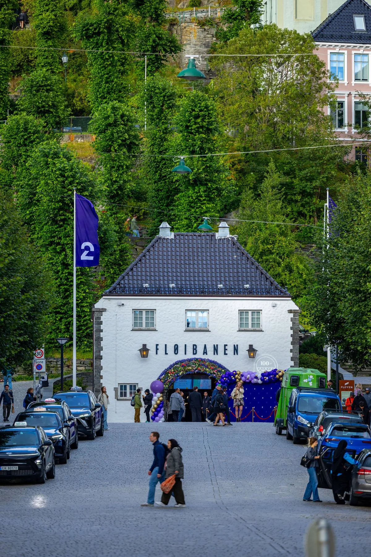 The Fløibanen funicular decked out in TV 2 colours with balloons and flags